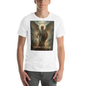 Archangel Michael T-Shirt front – Love Is a Sword That Heals faith apparel