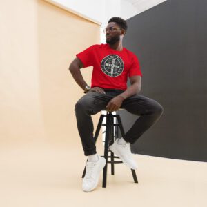 unisex-classic-tee-red-front-69a5ce36134c1.jpg St. Benedict Medal T-Shirt – Christian Protection Shirt | Strength Without Spectacle Tee