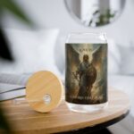 Angel Warrior 16oz can shaped glass with bamboo lid — Guardian Collection faith drinkware — Sean Williams Designs