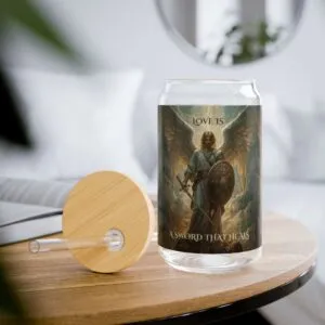 Angel Warrior 16oz can shaped glass with bamboo lid — Guardian Collection faith drinkware — Sean Williams Designs