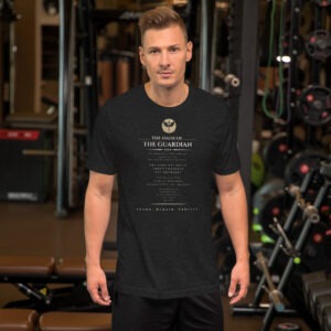 unisex-staple-t-shirt-black-heather-front-69f87eb4685d1.jpg Oath of the Guardian Christian faith t-shirt, black Bella Canvas 3001 with full front Guardian Collection print