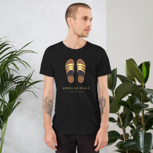 unisex-staple-t-shirt-black-heather-front-6a2922af97207.jpg Shoes of Peace T-Shirt — Armor of God Collection Christian apparel from Ephesians 6:15