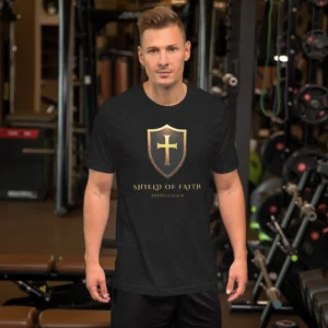 unisex-staple-t-shirt-black-heather-front-6a2923fbab0e9.jpg Shield of Faith T-Shirt — Armor of God Collection Christian apparel from Ephesians 6:16