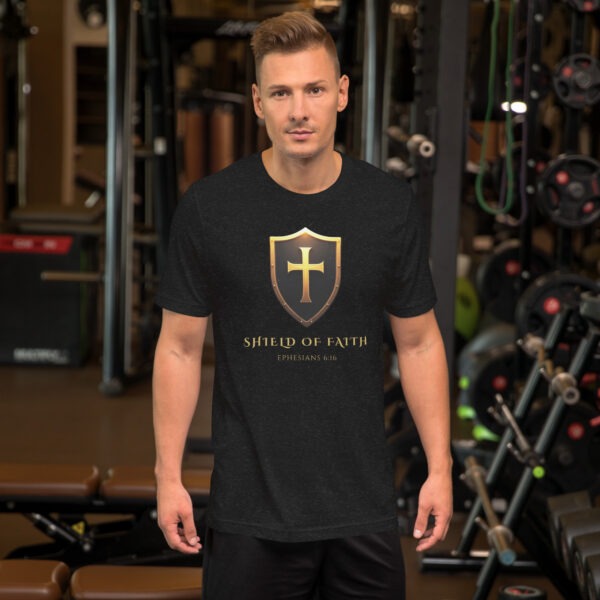 unisex-staple-t-shirt-black-heather-front-6a2923fbab0e9.jpg Shield of Faith T-Shirt — Armor of God Collection Christian apparel from Ephesians 6:16