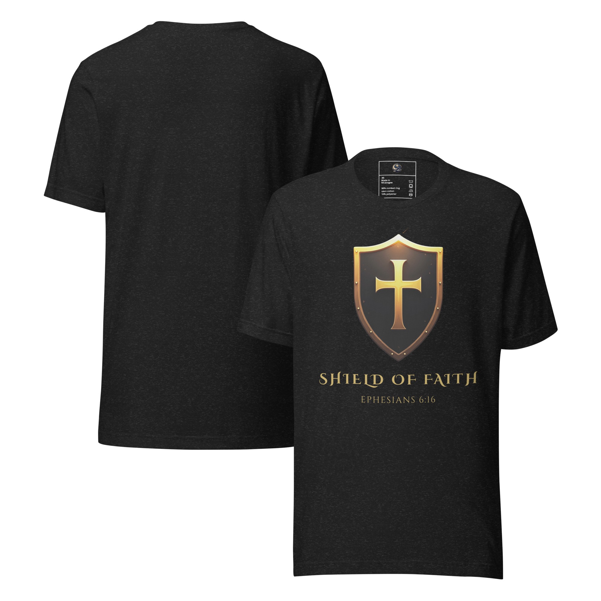 unisex-staple-t-shirt-black-heather-front-and-back-6a2923fbad7a6.jpg Shield of Faith T-Shirt | Armor of God Collection | Ephesians 6 Christian Apparel